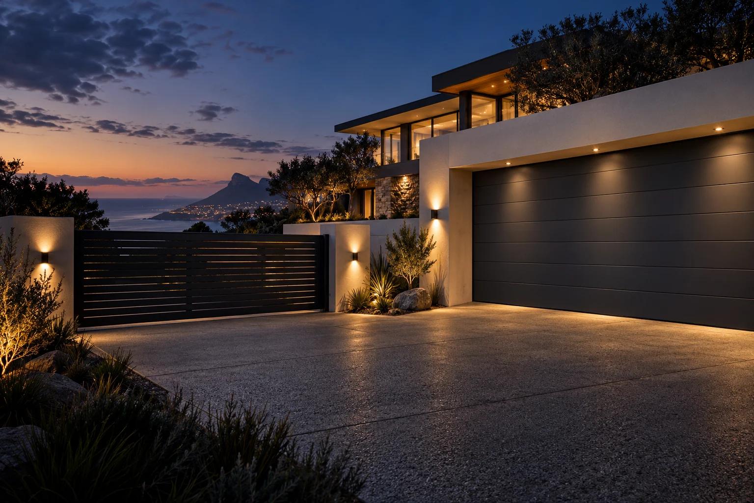 Illustration of an automated garage door and sliding gate